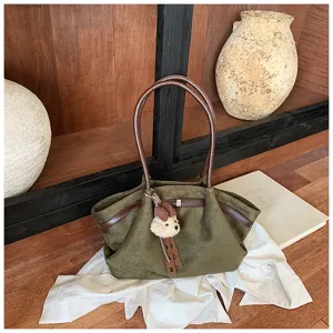 Korean style pleated tote bag for women, dark green retro shoulder bag with cute puppy charm.