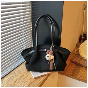 Black pleated tote bag for women stylish shoulder bag casual handbag with cute dog pendant