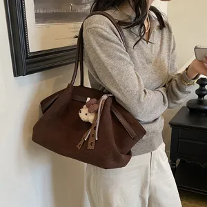 Korean style pleated tote bag for women, brown suede shoulder bag with cute bear charm detail.