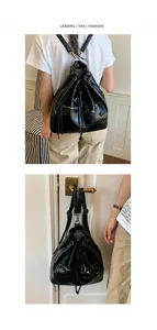Grosse Kapazitat PU Leder Motorrad Rucksack stylische Kordelzug Eimer Tasche Damen Pendeln