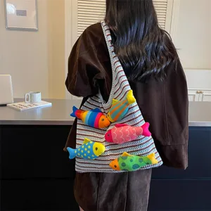 Graziosa borsa shopper in maglia con pesci 3D da donna, elegante grande borsa a tracolla.