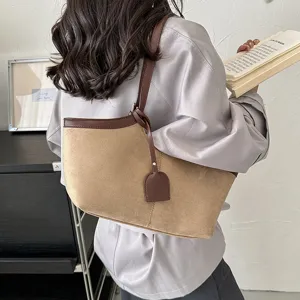 Stylish vintage women's shoulder tote bag, PU leather contrast suede commuter handbag.