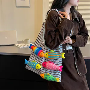 Borsa shopper in maglia con pesci in peluche, grande borsa a spalla casual da donna.