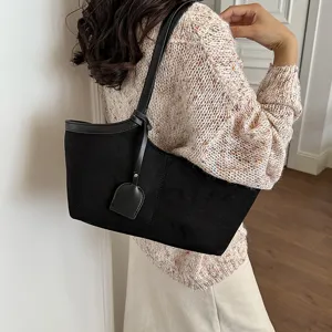 Elegant black suede shoulder underarm bag for women chic minimalist daily tote purse