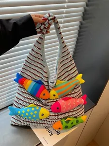 Borsa Tote da Donna Casual in Tessuto a Maglia a Righe Con Decorazione Pesce Grande Capacità Borsa da Shopping Spalla Mano Moda Viaggio