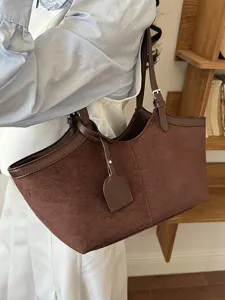 Stylish retro brown suede tote bag for women, premium minimalist single-shoulder underarm bag.
