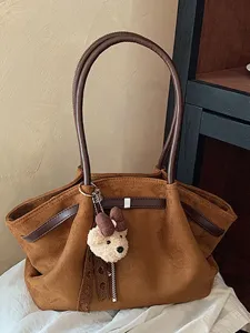 Women Pleated Suede Tote Bag Large Capacity PU Stitching Shoulder Handbag Retro Commuting Suede Underarm Bag Casual Travel Bag