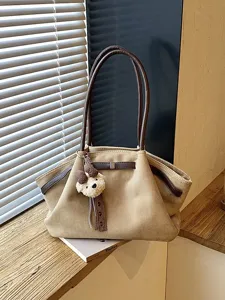 Korean style pleated shoulder tote bag with cute bear pendant, casual women handbag for daily use.