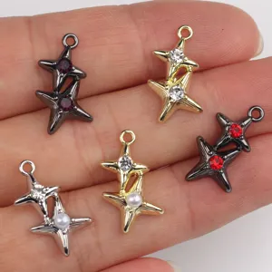 Pendentifs double étoile en alliage avec zircone et perle pour accessoires de bijoux DIY.
