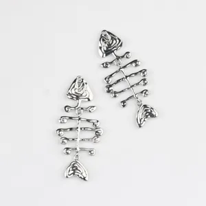 Silver fish bone charm pendant detail close up, perfect for DIY jewelry making earrings.