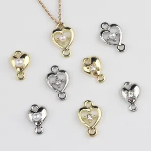 DIY Alloy Heart Charms With Artificial Pearl Zirconia Double Loop Connector For Bracelet Necklace Making Jewelry Accessory