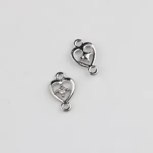 Silver alloy heart double hanging connector with zirconia for DIY bracelets and necklaces detail view