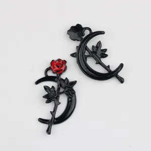 Colgante de luna de rosa esmaltada negro y rojo aleación accesorios de joyería DIY collar.