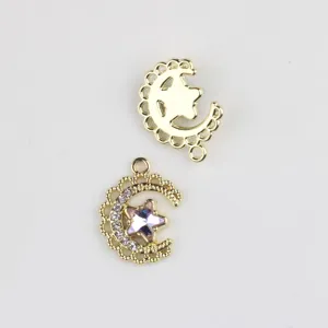 Gold alloy moon star charm detail view showing rhinestones and crystal inlay for DIY.
