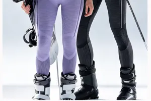 Close-up view of thermal ski base layer leggings with high-elastic ribbed design and ski boots.