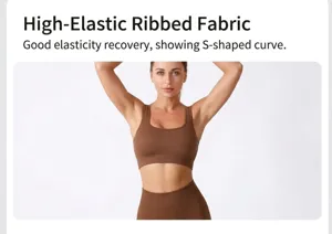 Gros plan détail du soutien-gorge de sport côtelé, tissu élastique et coupe flatteuse.