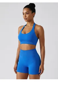 Ensemble soutien-gorge de sport et short de fitness taille haute bleu pour femme yoga course.
