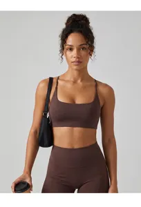 Damen brauner Sport-BH Yoga Set Kreuzgurt herausnehmbare Puffer Fitness Pilates Fitnessstudio.