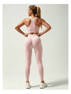 Completo yoga rosa a coste senza cuciture da donna, abbigliamento sportivo fitness a vita alta.