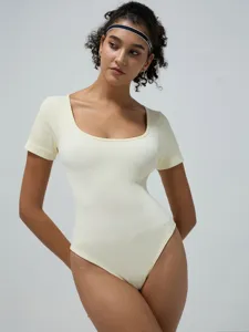 Damen Nahtloser Kurzarm Yoga Jumpsuit Einfarbig Gerippt Slim Fit Workout Body Sportbekleidung