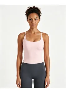 Pink sports bra detail, casual fitness top, comfortable yoga wear for workout and daily gym use.