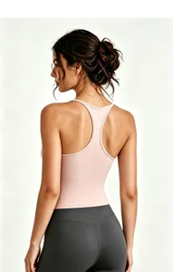 Padded racerback sports yoga bra top for women, detailed back view for fitness and pilates training.