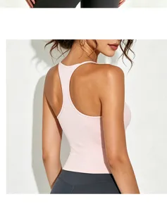 Detailed back view of a pink racerback fitness sports tank top, showcasing seamless fit and design.