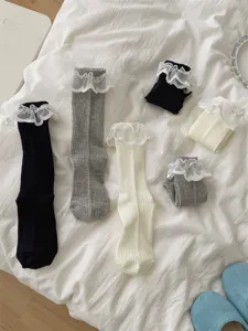 Chaussettes en coton à volants en dentelle, style japonais JK Lolita noir blanc gris