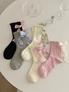 Korean sweet bow mid-tube socks, cute lolita stackable hosiery with ribbons for spring.