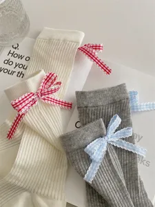 Japanese ribbed socks with cute plaid bows, sweet ballet style casual mid-calf socks for women.
