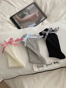 Japanese sweet plaid bow mid-tube socks, cute aesthetic daily casual chic hosiery.