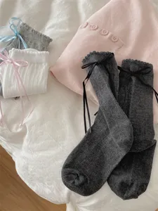 Women Japanese style bow mid-tube slouch socks sweet lace ruffled cotton hosiery