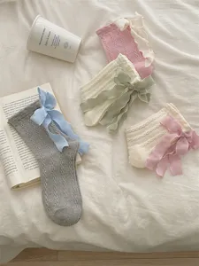 Korean style cute ribbon bow women mid tube socks soft knit sweet ruffles cotton socks