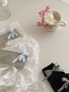 Japanese style grid bow stack socks, cute sweet mid-tube socks, spring and summer wear.
