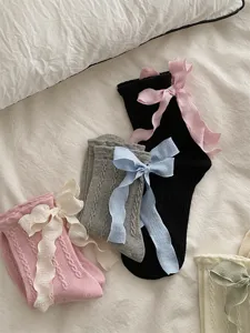 Cute women knit crew socks with long ribbon bow sweet lolita fashion hosiery pair