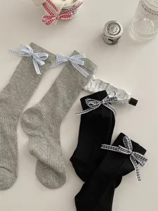 Women Japanese style bow slouch socks mid-tube cute black grey hosiery casual daily wear