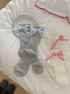 Japanese style ribbon bow knit socks, cute casual mid-tube socks, soft wear for women.