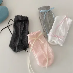 Sweet Japanese JK Style Women Crew Slouch Socks Ruffle Trim Ribbon Bow Solid Color Casual Cotton Socks