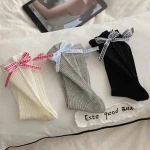Womens Japanese Style Plaid Bow Slouch Socks Sweet Lolita Ballet Core Mid Tube Cotton Knit Socks Fashion Hosiery