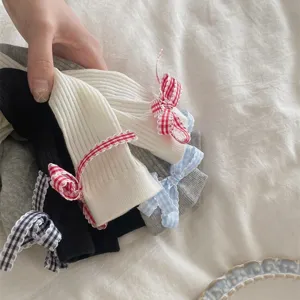 Japanese style knit ruffle socks with cute gingham bows, sweet lolita mid tube socks.