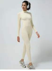 Ribbed long sleeve zip up yoga jumpsuit activewear fitness sportswear for women cream