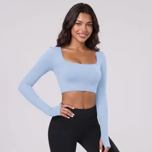 Γυναικείο ριμπ crop top μακρυμάνικο λαιμόκοψη U στενή εφαρμογή αθλητικό γυμναστικής