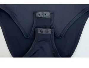 Black snap crotch bodysuit detail view, high elasticity activewear fabric close-up.