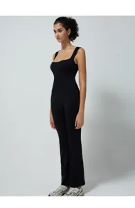 Seamless ribbed yoga jumpsuit for women fitness athletic pilates workout activewear black one piece
