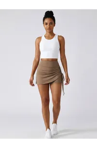 Women high waist fitness yoga skort with side ruching, athletic running fake two piece skirt.
