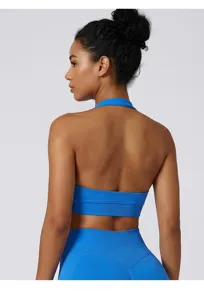 Blue halter yoga sports bra, open back fitness crop top, breathable push up athletic activewear