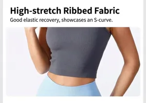 Détail de crop top de sport côtelé, haut de fitness yoga à haute élasticité
