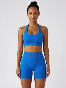 Vêtements de Sport pour Femmes Sans Couture Soutien-Gorge de Sport Halter et Shorts de Fitness Taille Haute Push-up Ensemble de Tenue de Yoga