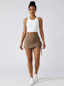 Women's High Waist Pleated Fake Two Piece Athletic Sports Skirt Yoga Running Fitness Shorts Skort Bottom
