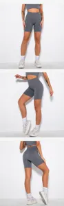 Detailansicht nahtloser Damen Fitnessshorts, hohe Taille Yoga Sporthose Radlerhose.